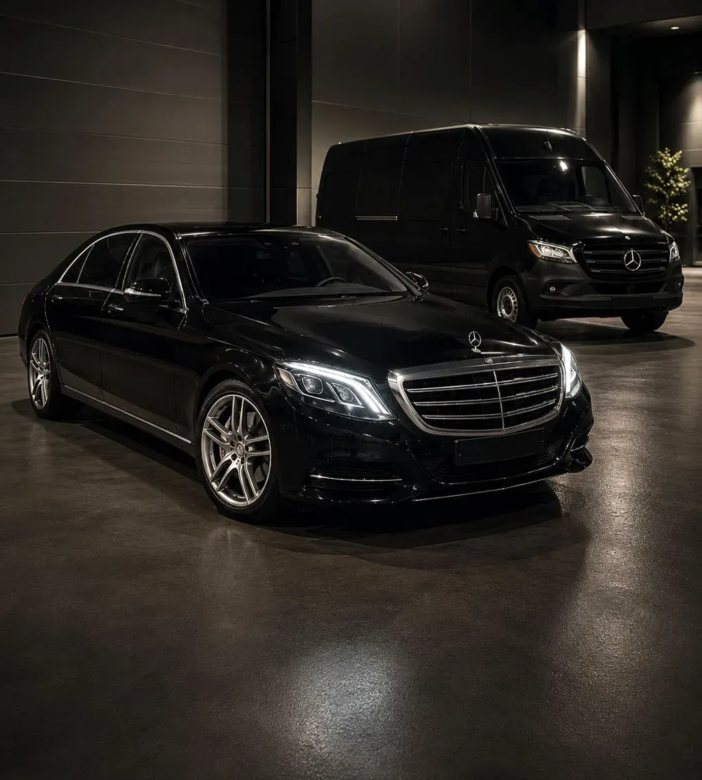 Dunkle Premium-Limousine bereit zur Überführung, dahinter ein Transporter, in edler Obsidian-Atmosphäre
