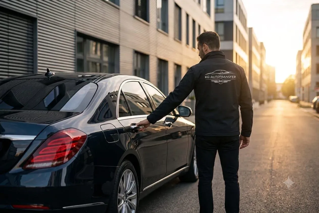 Fahrer in KG-Autotransfer-Jacke übernimmt eine dunkle Limousine für die Überführung
