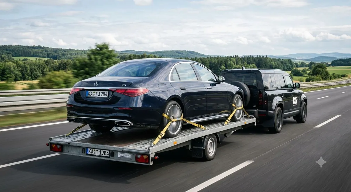 KG-Zugfahrzeug zieht einen Überführungsanhänger mit einer Limousine