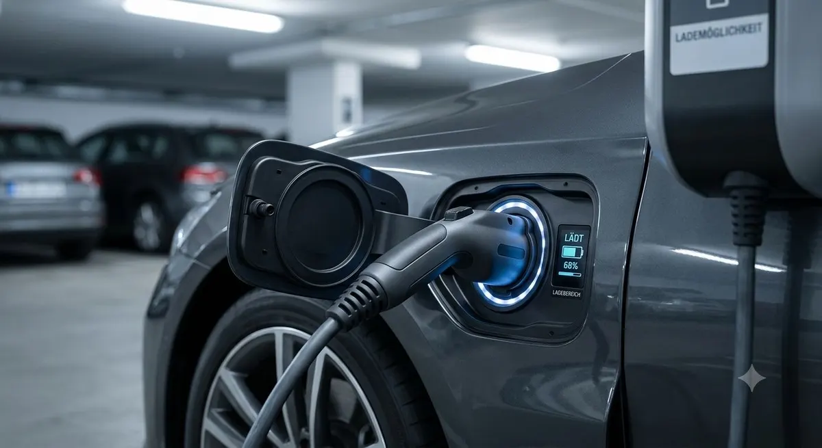 Elektrofahrzeug am Ladeanschluss vor der Überführung