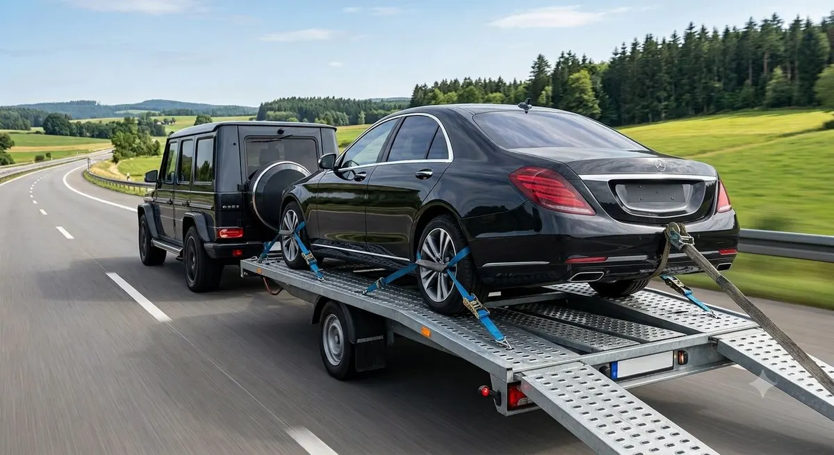 Abgemeldetes Fahrzeug fest verzurrt auf dem Überführungsanhänger